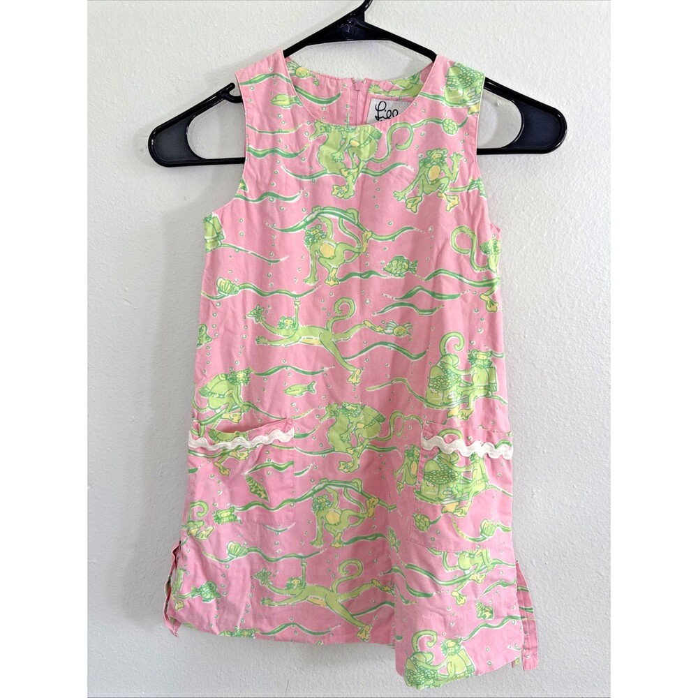 Vtg Lilly Pulitzer Dress Kids 7 Pink Scuba Monkey Sleeveless Vacation‎ Beach
